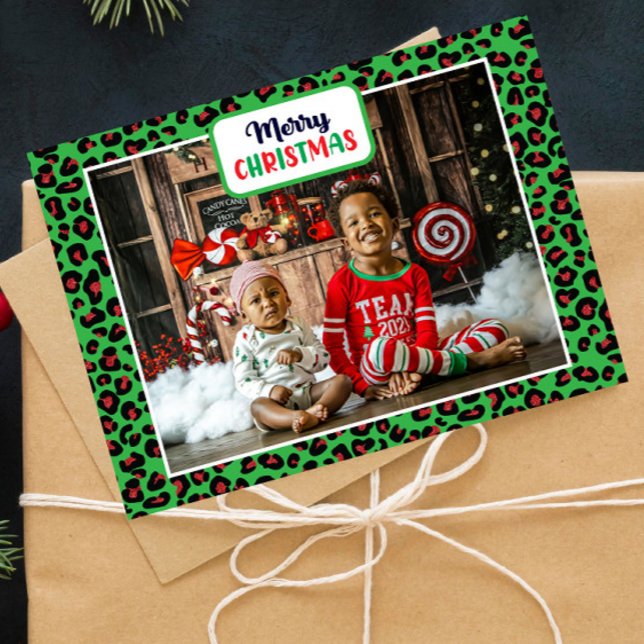 Merry Christmas (add your own photo) Leopard Print Holiday Card (Creator Uploaded)