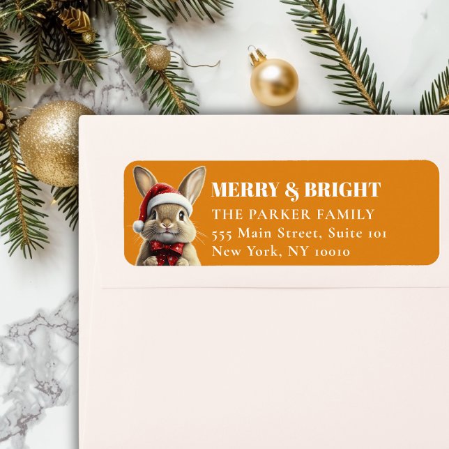 MERRY Christmas! Adorable, Rabbit, Santa Hat (MERRY & BRIGHT! Adorable, Rabbit With Red Santa Hat and Ribbon, Orange Address Return Labels. )