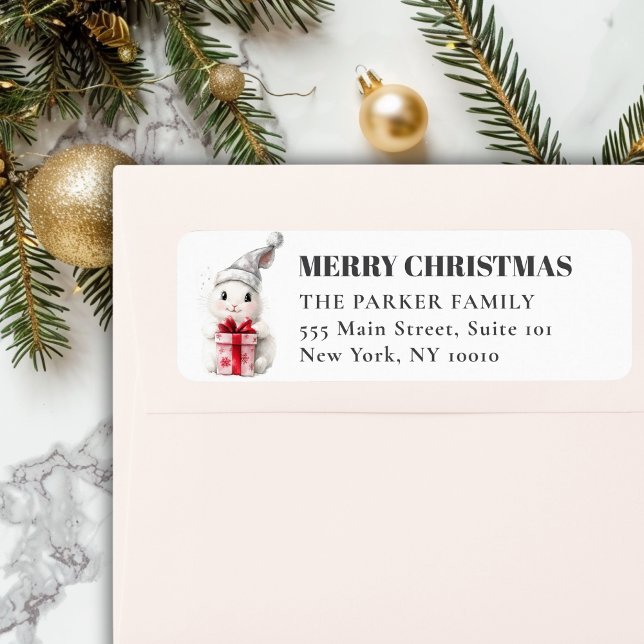 MERRY Christmas! Adorable, White Rabbit Santa Hat (MERRY & BRIGHT! Adorable, White Rabbit With Santa Hat, Address Return Labels. )