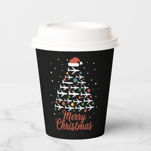 Merry Christmas Aeroplane Tree Vacation Paper Cups (Front)
