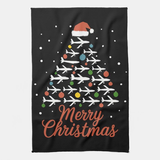 Merry Christmas Aeroplane Tree Vacation Tea Towel (Vertical)
