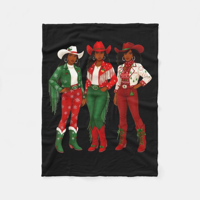 Merry Christmas African American Afro Cowgirl West Fleece Blanket (Front)