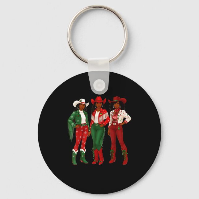 Merry Christmas African American Afro Cowgirl West Key Ring (Front)