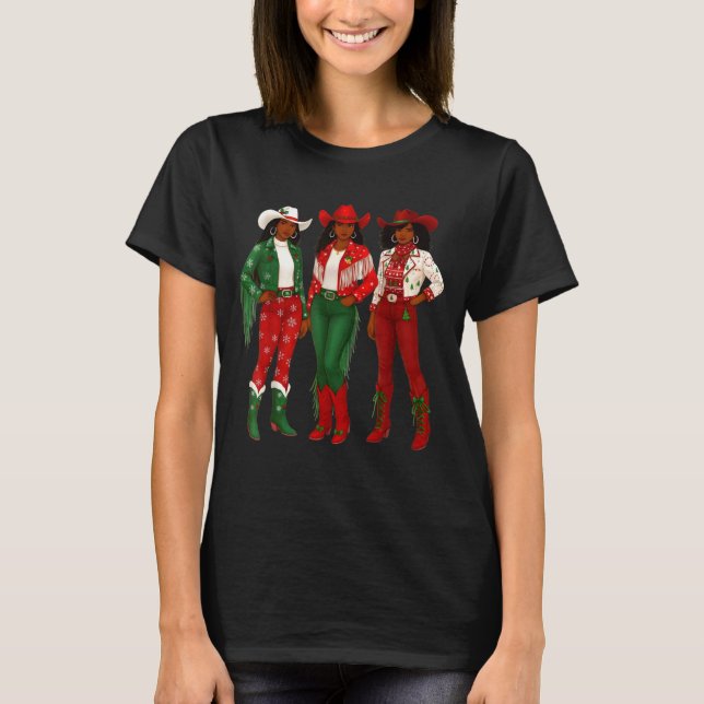 Merry Christmas African American Afro Cowgirl West T-Shirt (Front)