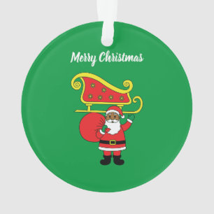 Merry Christmas African American Santa Claus Green Ornament