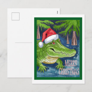 Merry Christmas Alligator with Santa’s Hat Holiday Postcard