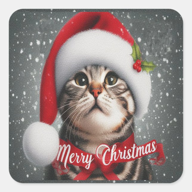 Merry Christmas American shorthair Cat , Santa Cat Square Sticker (Front)
