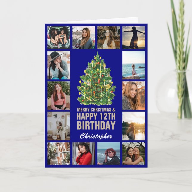 Merry Christmas and 12th Happy Birthday Navy Blue Card (Front)