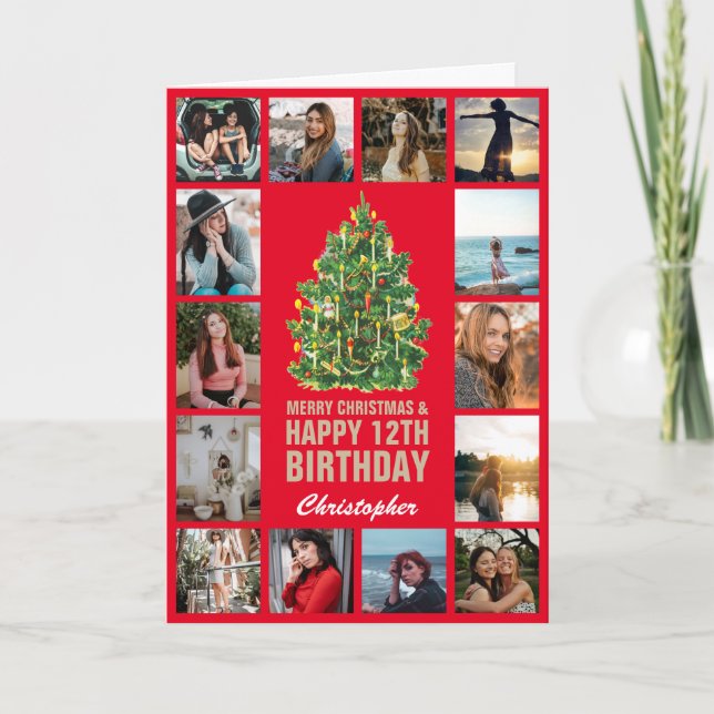 Merry Christmas and 12th Happy Birthday Red & Gold Card (Front)