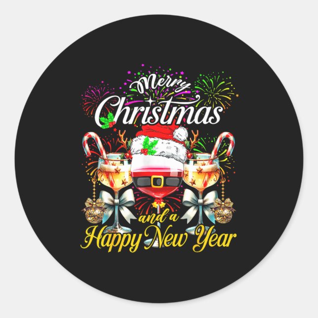 Merry Christmas And A Happy New Year Firework Wine Classic Round Sticker (Front)