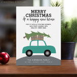Merry Christmas and a New Home Address Moving Holiday Postcard<br><div class="desc">A modern Holiday greeting with an illustration of a car moving gifts and a tree.</div>