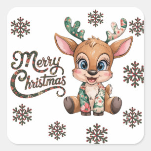 Merry Christmas and a Reindeer Sewn Patchwork Square Sticker