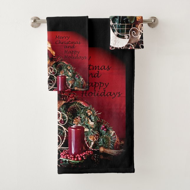 Merry Christmas and Happy Holidays Bath Towel Set (Insitu)
