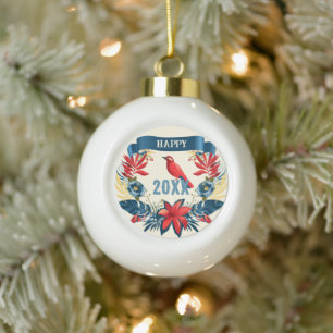 Merry Christmas and Happy New Year! 2027 Red Bird Ceramic Ball Christmas Ornament