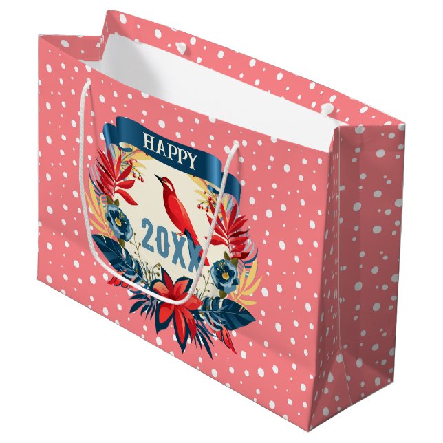 Merry Christmas and Happy New Year! 20XX Red Bird Large Gift Bag (Front Angled)