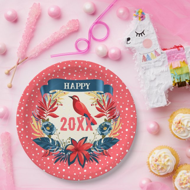 Merry Christmas and Happy New Year! 20XX Red Bird Paper Plate (Party)