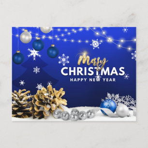 Merry Christmas and Happy New Year Blue Ornaments Holiday Postcard