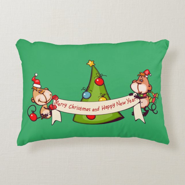 Merry Christmas And Happy New Year Monkeys Decorative Cushion (Front)