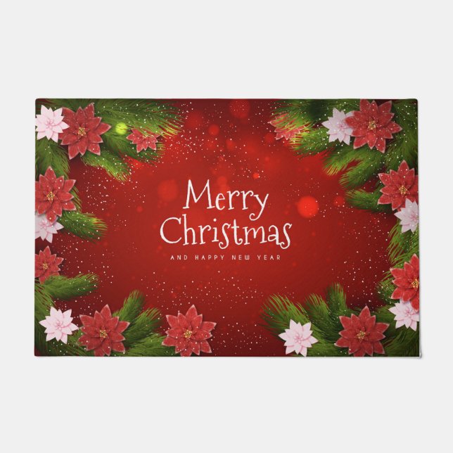 Merry Christmas and Happy New Year Poinsettias  Doormat (Front)