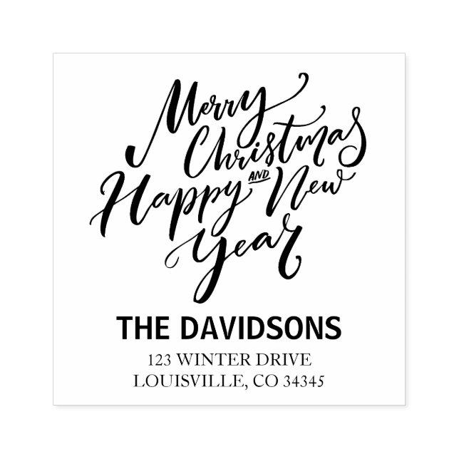 Merry Christmas and Happy New Year Script Monogram Rubber Stamp (Imprint)