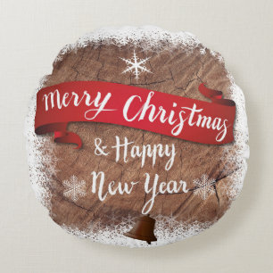 Merry Christmas and Happy New Year Wood Texture Round Cushion
