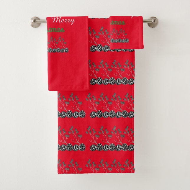 Merry Christmas and Pine Cones Bath Towel Set (Insitu)