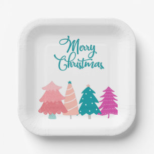 merry christmas and pink christmas trees notebook paper plate