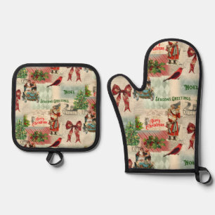 Merry Christmas and Seasons Greetings Oven Mitt & Pot Holder Set