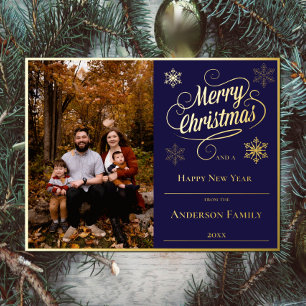 Merry Christmas and Snowflakes Photo   Blue Foil Holiday Postcard