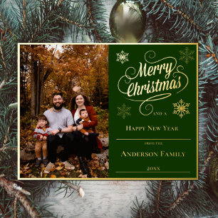 Merry Christmas and Snowflakes Photo Green Foil Holiday Postcard