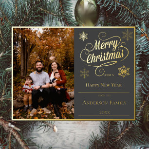 Merry Christmas and Snowflakes Photo   Grey Foil Holiday Postcard