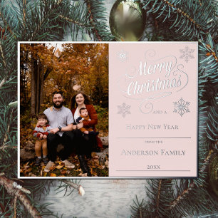 Merry Christmas and Snowflakes Photo   Pink Foil Holiday Postcard