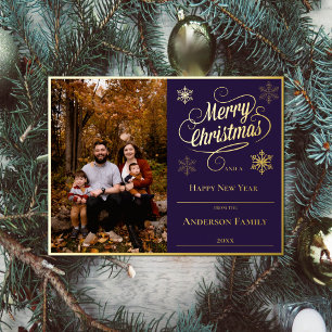 Merry Christmas and Snowflakes Photo Purple Foil Holiday Postcard