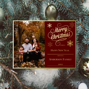 Merry Christmas and Snowflakes Photo Red Foil Holiday Postcard