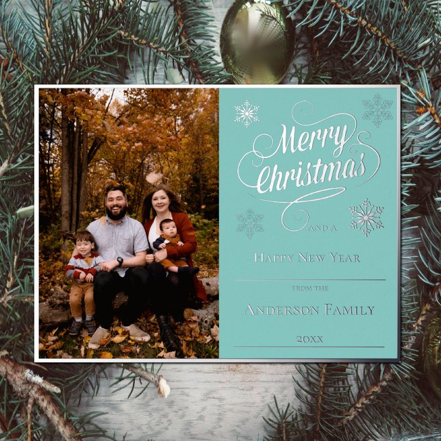 Merry Christmas and Snowflakes Photo | Teal Foil Holiday Postcard (Merry Christmas and Snowflakes Teal Photo Holiday Foil Card)