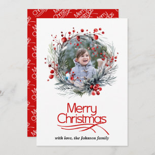 Merry Christmas and wreath with red berries photo Holiday Card