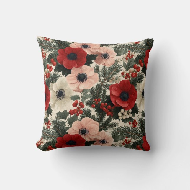 Merry Christmas Anemone Floral Background Cushion (Front)