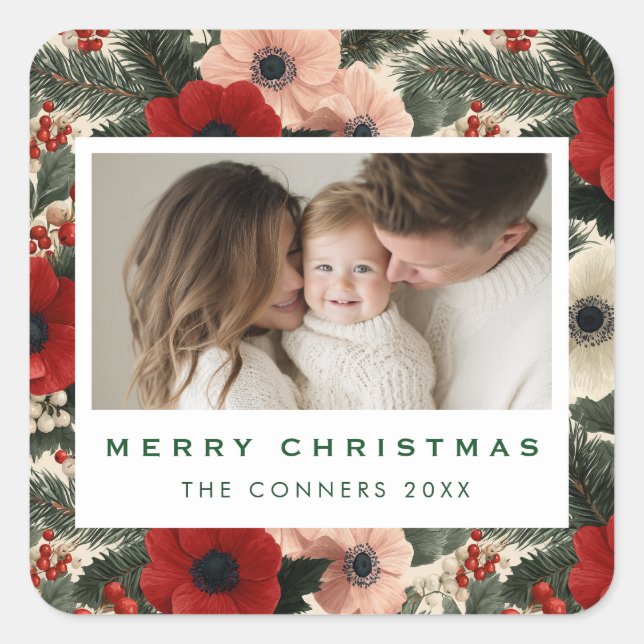 Merry Christmas Anemone Floral Background Square Sticker (Front)