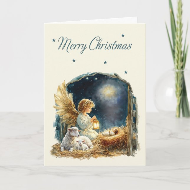 Merry Christmas Angel at Manger Card (Front)