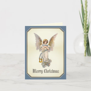 Merry Christmas Angel Blue Gold Holiday Card