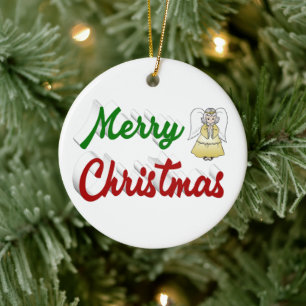 Merry Christmas Angel red green script Ceramic Tree Decoration