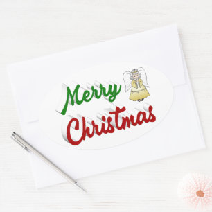 Merry Christmas Angel red green script Oval Sticker