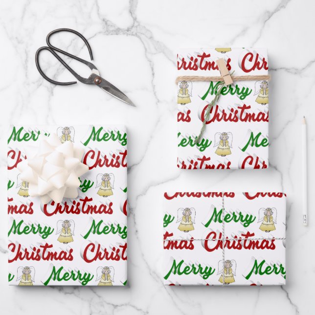 Merry Christmas Angel red green script Wrapping Paper Sheet (Front)