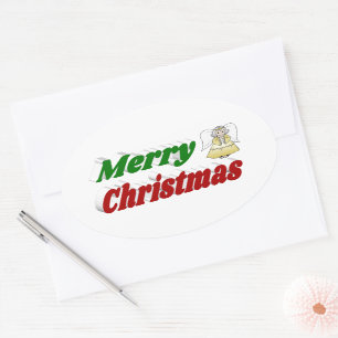 Merry Christmas Angel red green typography Oval Sticker