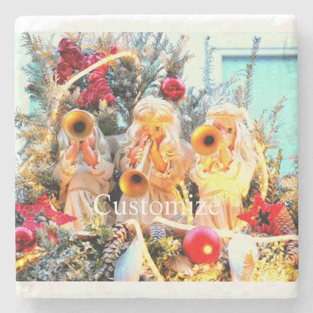 merry christmas angels trumpeting stone coaster (Front)