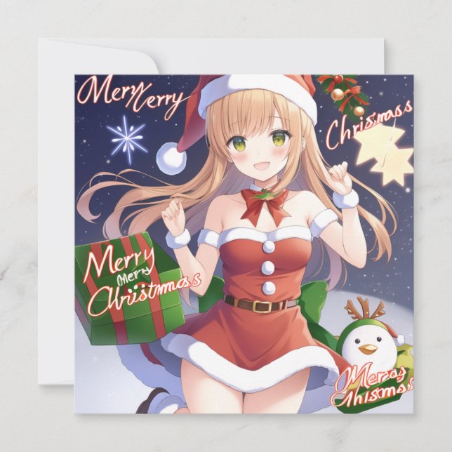 Merry christmas anime girl red holiday card (Front)