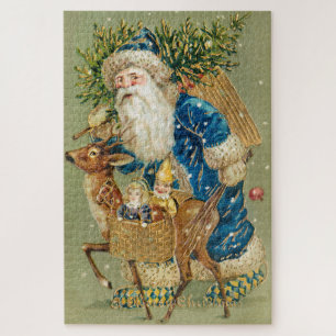 Merry Christmas, Antique Card, Santa and Reindeer Jigsaw Puzzle