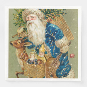 Merry Christmas, Antique Card, Santa and Reindeer Napkin