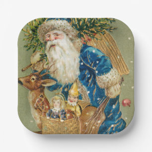 Merry Christmas, Antique Card, Santa and Reindeer Paper Plate