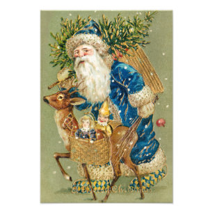 Merry Christmas, Antique Card, Santa and Reindeer Photo Print